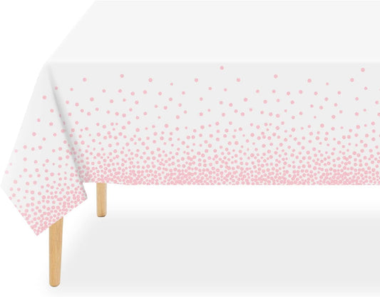 QIKSION 12 Pack White and Pink Dot Plastic Tablecloth, Waterproof Disposable Party Table Cloths for Baby Shower, Wedding, Anniversary, Birthday Party(54 × 108 Inch)