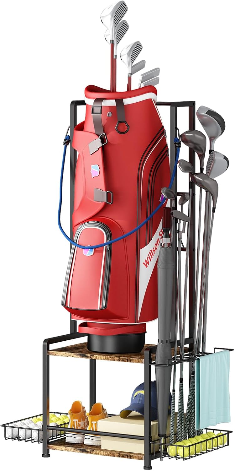 GILLAS Golf Bag Storage Garage Organizer, Golf Bag Stand Fit for 2 Golf Bags, Golf Equipment Accessories, Golf Bag Storage Rack with Wheels for Garage, Club, Shed, Basement