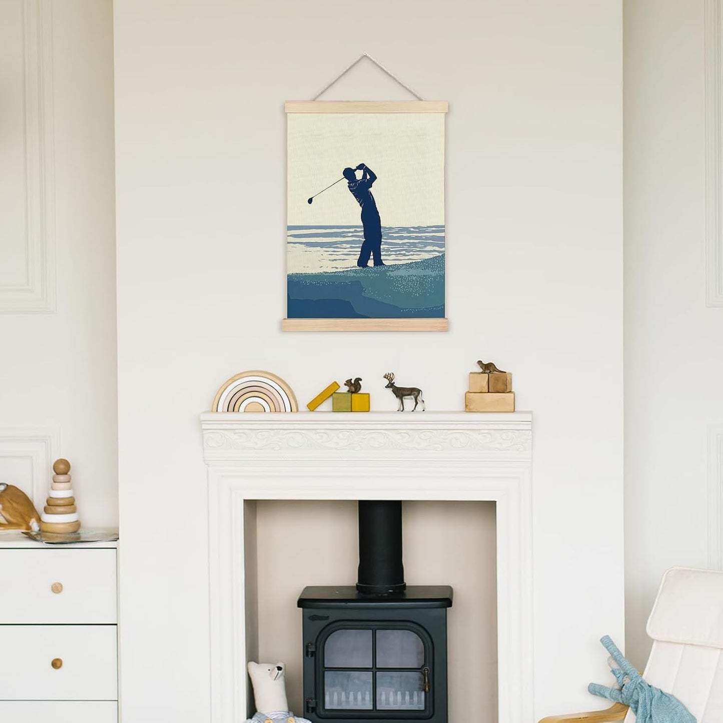 bitCNY Golf Swing Wall Art Print, Coastal Sport Silhouette Canvas Poster with Wooden Frame, Beach Style Hanging Decor for Office, Study, or Man Cave