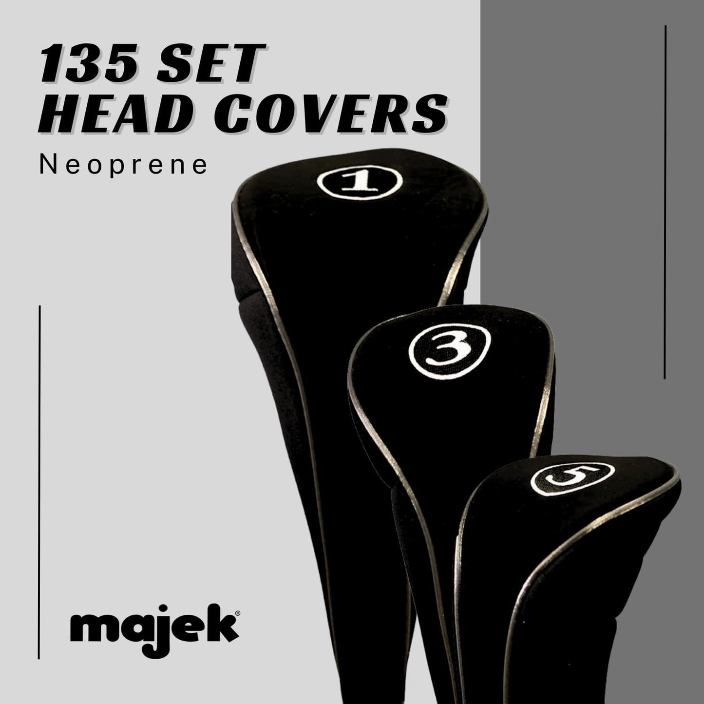 Black Golf Zipper Head Covers Driver 1 3 5 Fairway Woods Headcovers Metal Neoprene Traditional Plain Protective Covers Fits All Fairway Clubs and Drivers up to 460cc