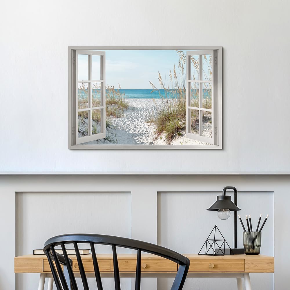 beach wall art window picture: coastal canvas artwork seascape scene prints looking out fake window wall decor for bedroom 36"x24"