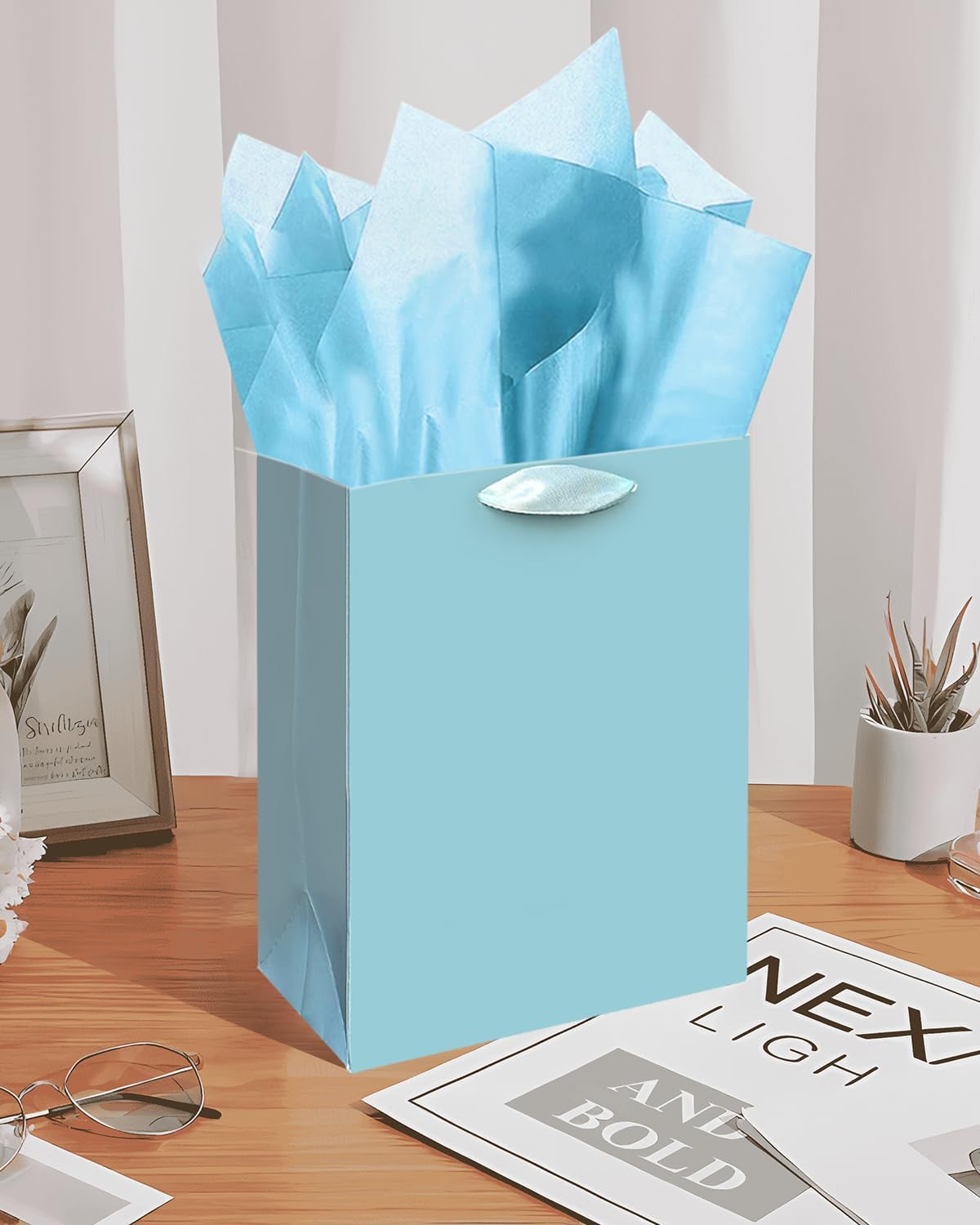 Gcardist Lake Blue Gift Bags with Tissue Paper for Wedding, Birthday, Party Supplies - Medium Size Cardboard Gift Bags (5pcs + 10pcs Tissue Paper)