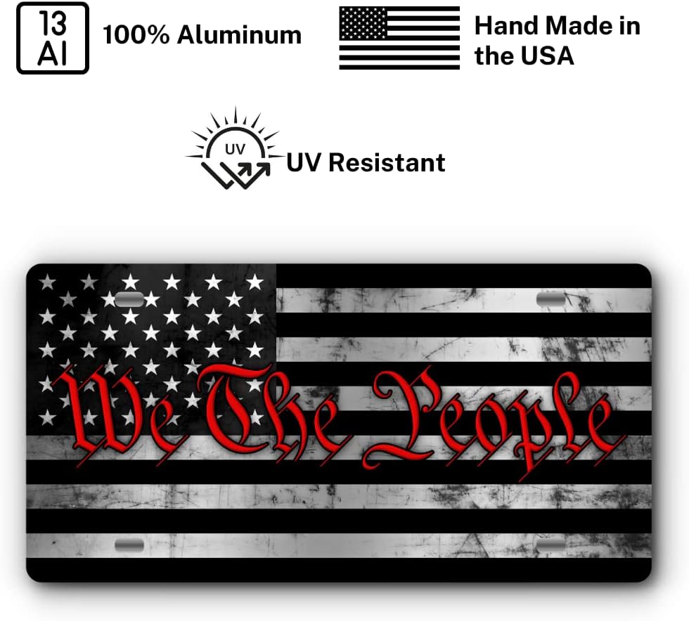 Patriotic Vanity Aluminum License Plate for Front of Trucks and Cars - Made in The USA - Universal Fit (We The People Brushed Stainless & Red)