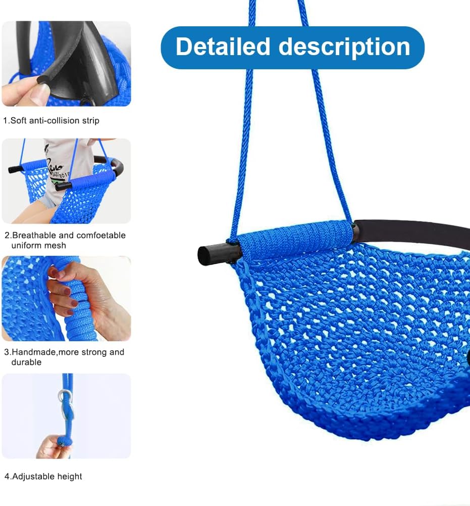 Hand-Knitting Toddler Swing, Swing Seat for Kids with Adjustable Ropes, Little tikes Swings Set, for Outdoor Indoor, Playground, Backyard (Blue)
