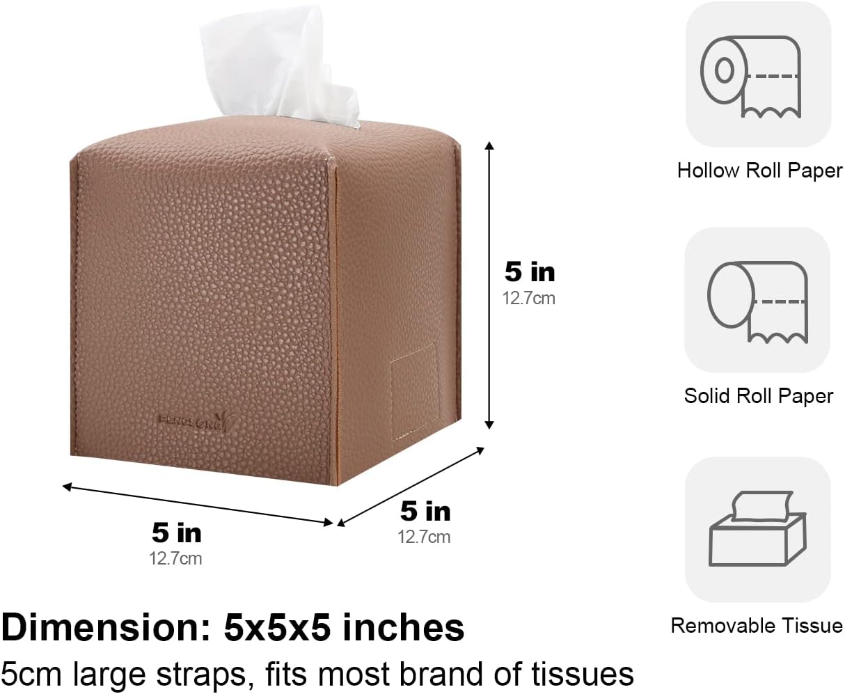 Tissue Box Cover 5X5X5'' PU Leather Tissue Holder Square Tissue Cube Box Organizer for Bathroom Vanity Countertop, Car, Night Stands, Office, Home, Kitchen (1Pack, Loam Red)