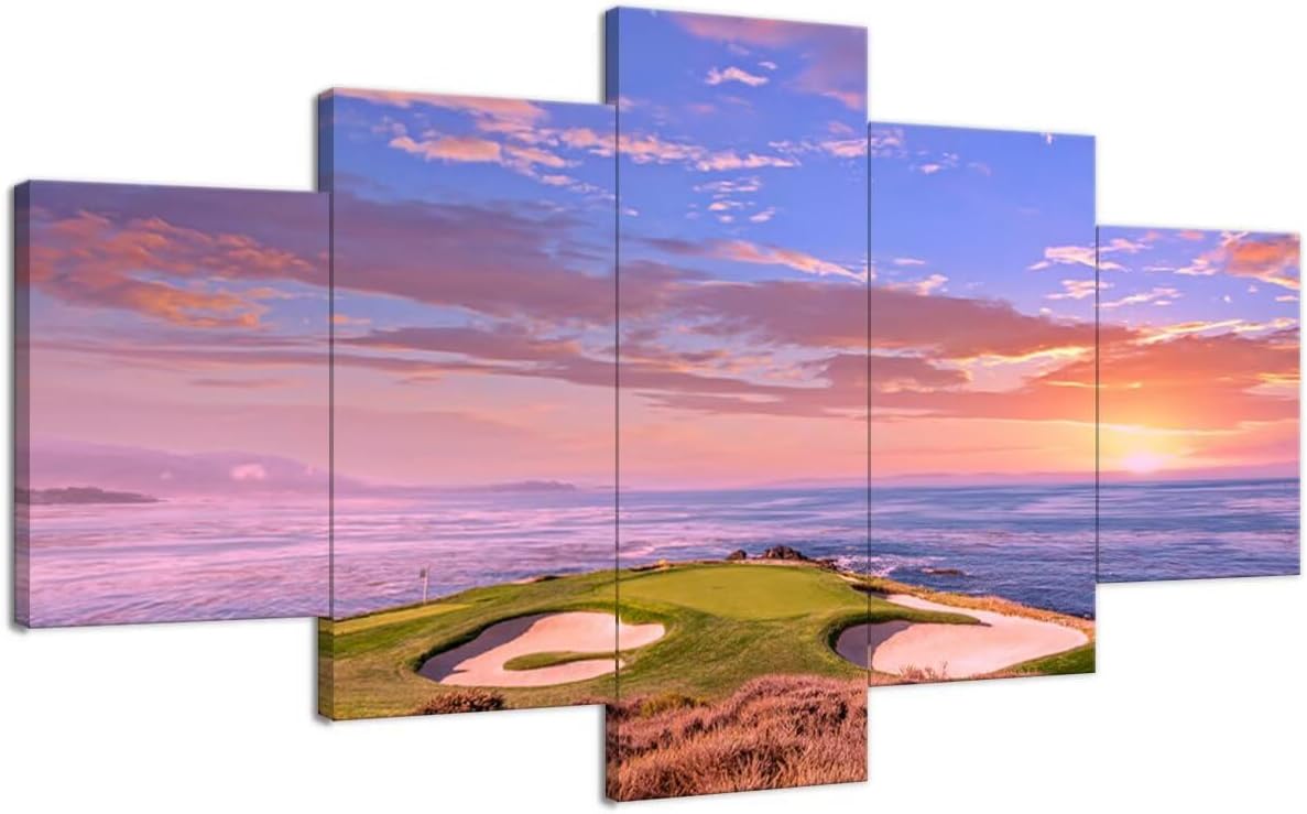 chenchenArt Pebble Beach Golf Course Hole 7 Wall Art for Living Room Bedroom Bathroom Home Decorations Monterey California USA Golf Course Pictures Canvas Prints Framed Ready to Hang(60''W x 32''H)