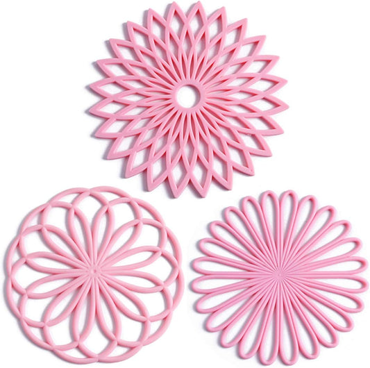 Set of 3 Silicone Trivet Mat - Table & Countertop Hot Pads - Non-Slip & Heat Resistant Modern Kitchen Pads for Pots & Pans, Pink