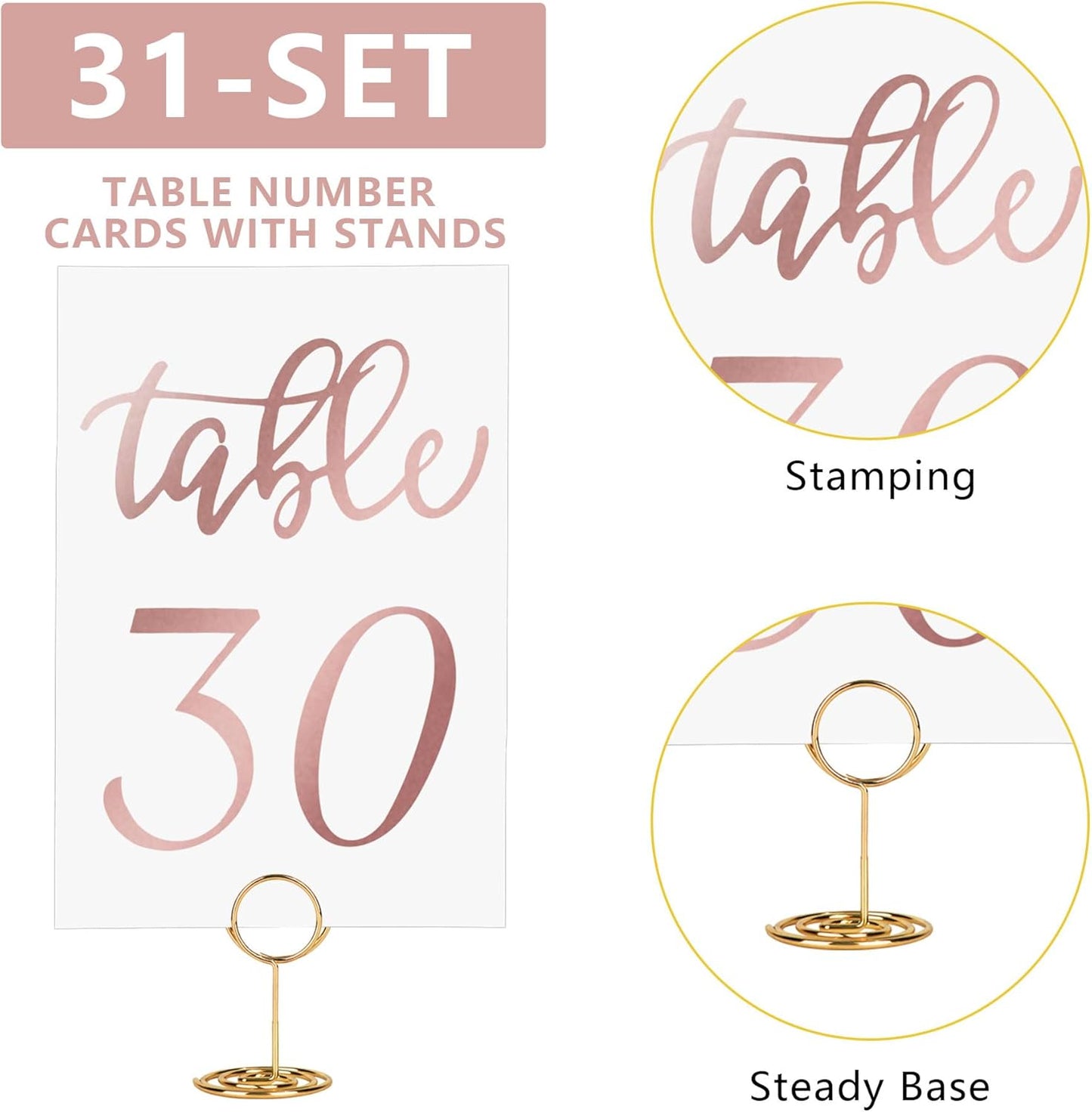 JOYIT 31 Set Wedding Table Numbers 1-31 with 31 Pcs Holders, Rose Gold Table Numbers with Place Card Holders, 4" x 6" for Wedding Reception