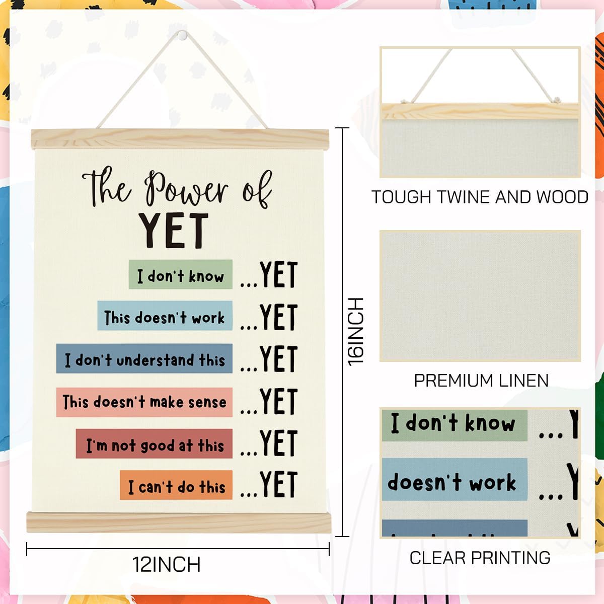 WINGTECA Motivational Decor Mental Health Poster Boho Hanger Frame Classroom The Power of Yet Colorful Wall Hanging Banner Decor for Classroom Office Kids Room 12x16Inch