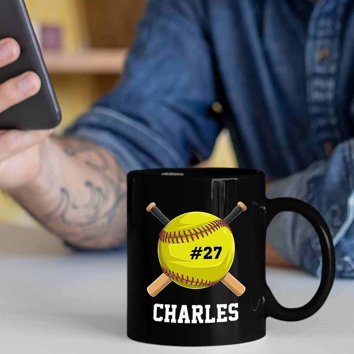 Personalized Name Softball Coffee Mugs 11 Oz 15 Oz, Customized Softballs Black Ceramic Mug Gifts For Softball Lovers Team Coach Softball Lover, Softballs Players Coffee Cup, Softball Sport Travel Mug