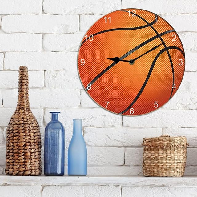 Basketball Wall Clock Sport Ball Wall Clock Wooden Bathroom Clock Battery Operated Non Ticking Silent Clocks Living Room Decorative Clock Round 10inch
