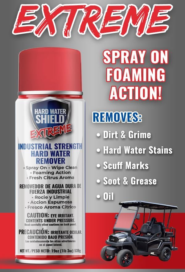 Club Clean Cart Shine, Golf Cart Body Windshield Cleaner Plus Polisher - Hard Water Shield, Removes Hard Water Stains - Battery Acid Shield, Grease Spray, Lubricates & Rust Proofs - Trim & Tire Shield