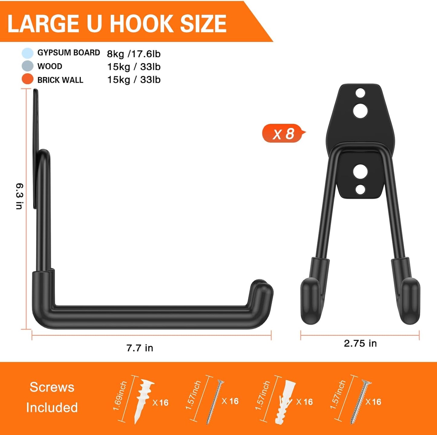Heavy Duty Garage Hooks 8 Pack, 7.7 inch U Shaped Long Hanger, Wall Mounted Storage System, Power and Garden Tool Organizer, for Hanging Ladders, Bikes, Hose, Bulk Items and More