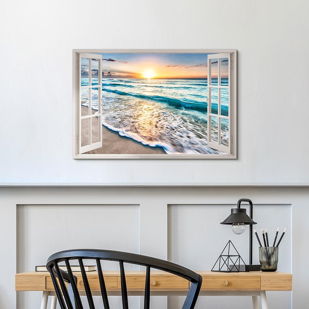 beach canvas window wall art: beach picture coastal artwork seascape ocean scene prints - looking out fake window wall decor for bedroom 36"x24"