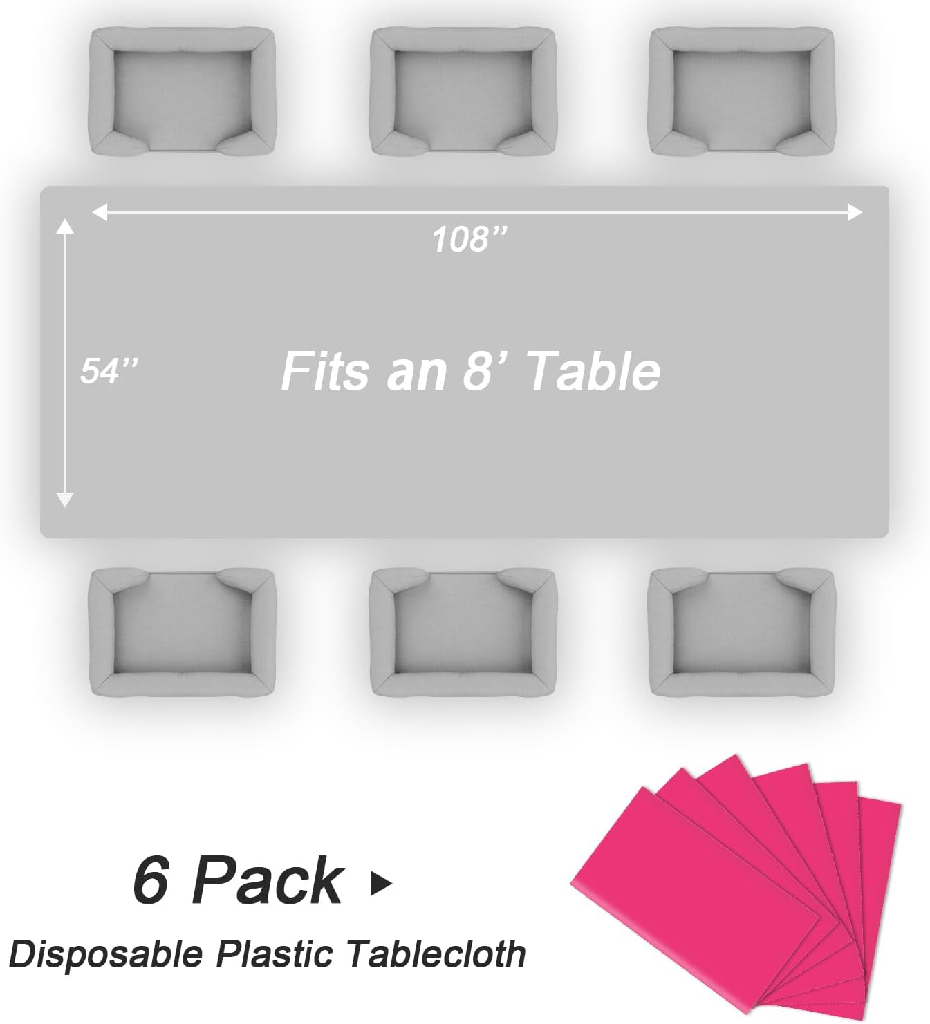 QIKSION Plastic Table Cloth Disposable 6 Pack, 54 x 108 Inch Tablecloths for Rectangle Tables, Hot Pink Plastic Table Cover