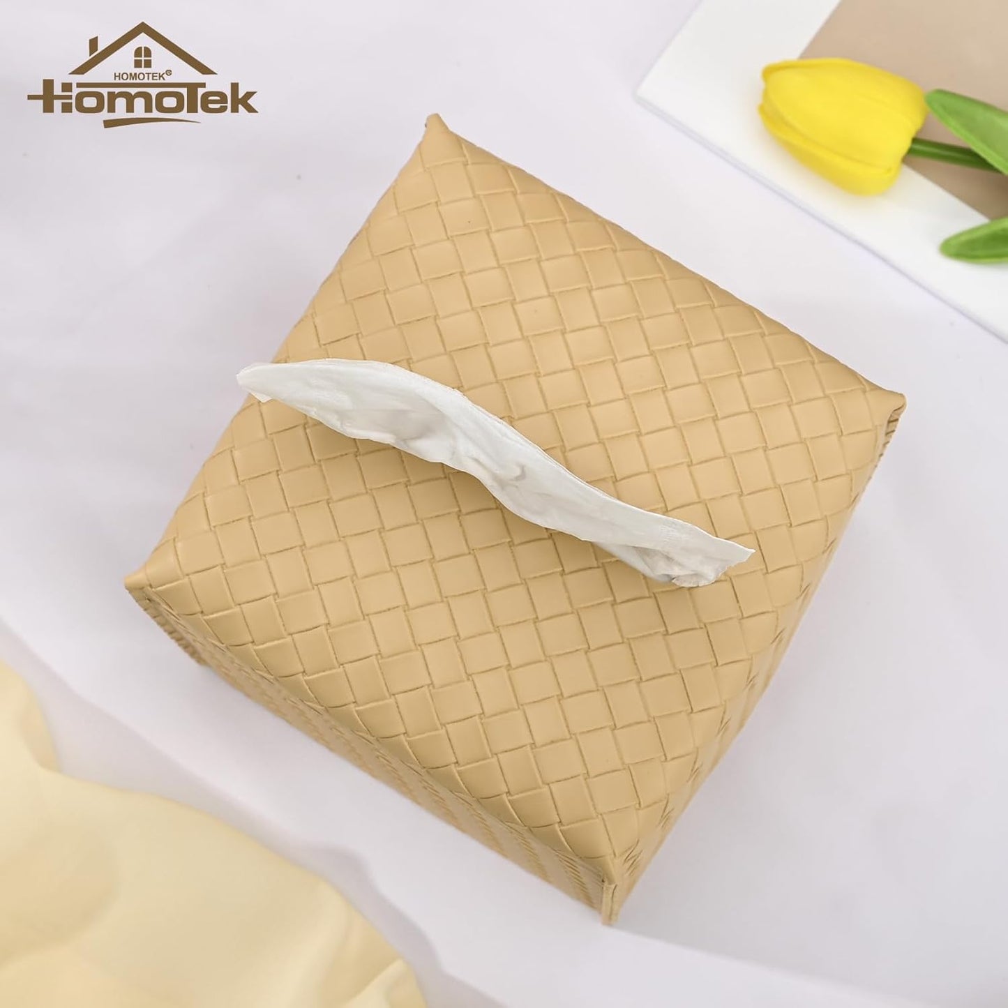 HOMOTEK 2 Pack Tissue Box Cover, Square PU Leather Tissue Holder, Decorative Facial Tissue Cube Paper Organizer Dispenser for Bathroom, Night Stands, Desk, Car 5X5X5'' - Woven Waffle,Camel