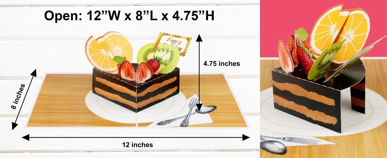 iGifts And Cards Birthday Cake Pop-Up Greeting Card – Fun, Belated, Gender Neutral Birthday Card, Layered Cake Slice with Fork, Includes Envelope & Notecard, 6” x 8”