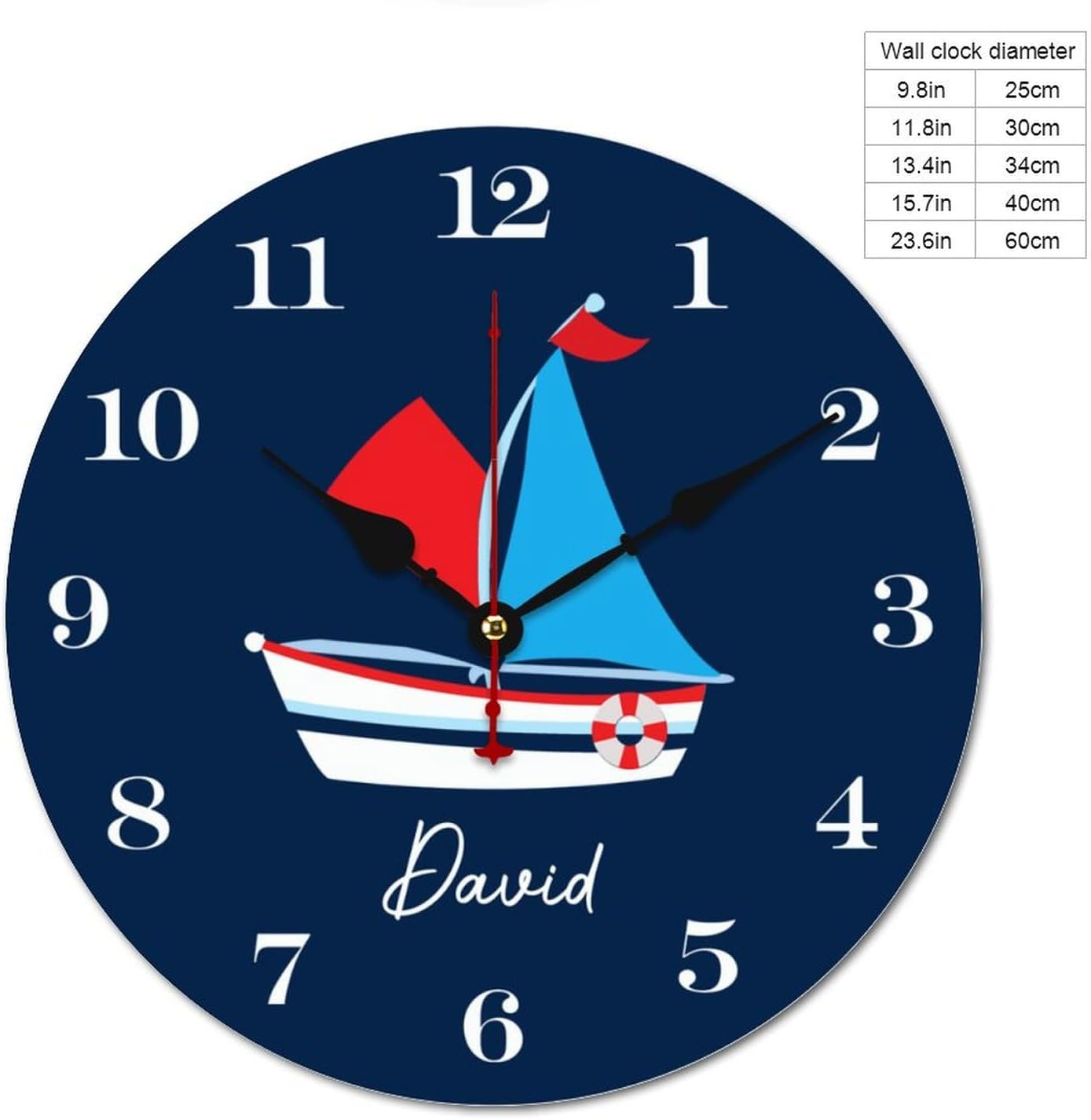 Personalized Boat Kids Wood Wall Clocks Rustic Battery Operated 10 inch Non Ticking Wall Clock for Kids Rooms Boys Girls,Nursery Wall Clock,Custom Kids Clock with Name,Birthday, Style-9
