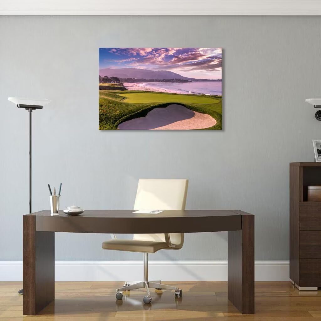 Pebble Beach Golf Course 9th Hole Wall Art for Living Room Bedroom Bathroom Home Decorations Monterey California USA Golf Course Picture Poster Canvas Prints Framed Ready to Hang(18''H x 24''W)