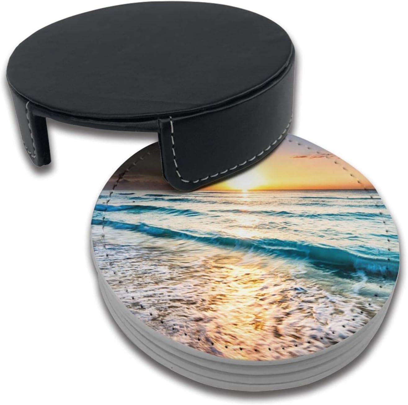 Ocean Theme Sand Beach Wave Sea Water Pattern Leather Drinks Coasters with Holder Set of 6, Suitable for Kinds of Cups