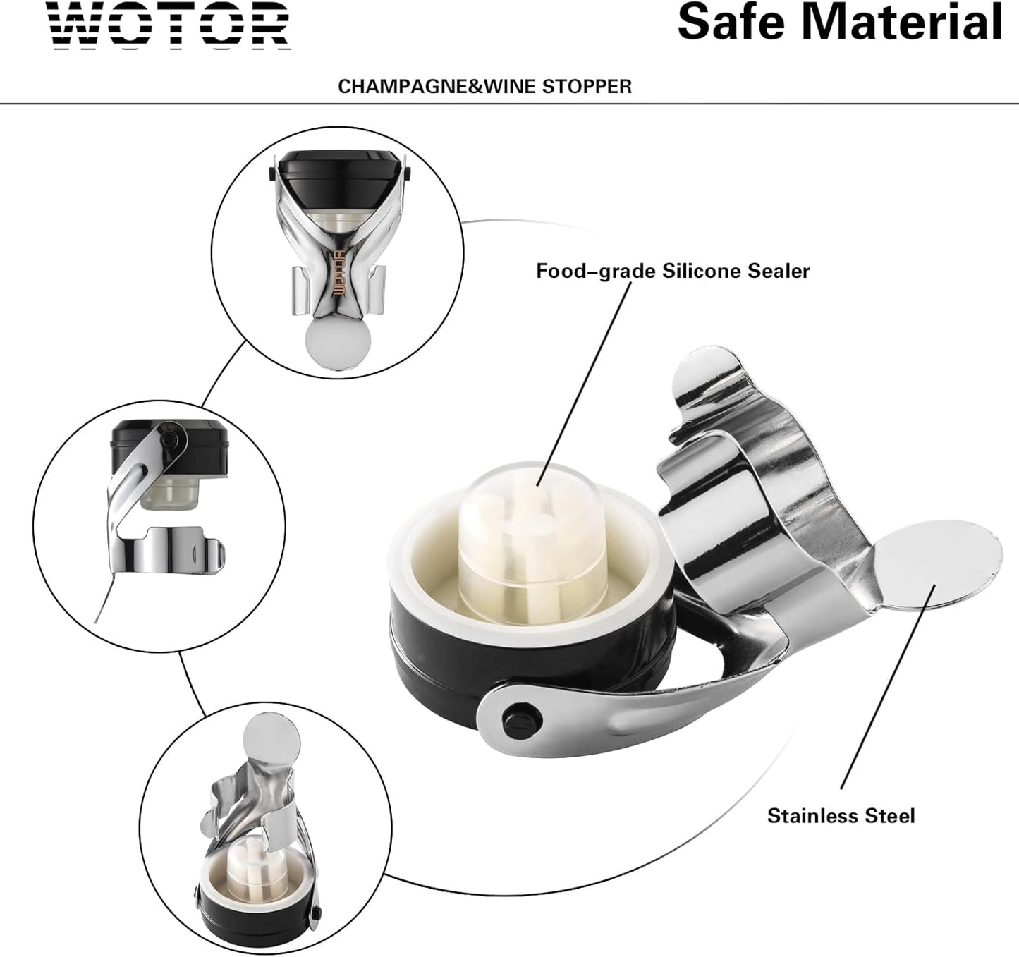 WOTOR Champagne&Wine Bottle Stoppers Stainless Steel with Food Grade Silicone, Leak Proof Keep Fresh Reusable Saver, Cork Suitable for Wine, Champagne, Cava, Prosecco and Sparkling (4 Pack Silver）