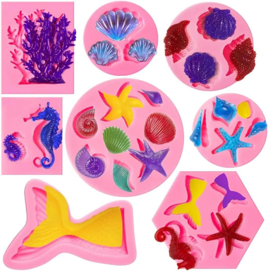 Elfkitwang Marine Theme Fondant Silicone Mold,Seashell,conch, Mermaid Tail,Seahorse,starfish,coral, DIY Handmade Baking Tools for Mermaid Theme Cake Decoration
