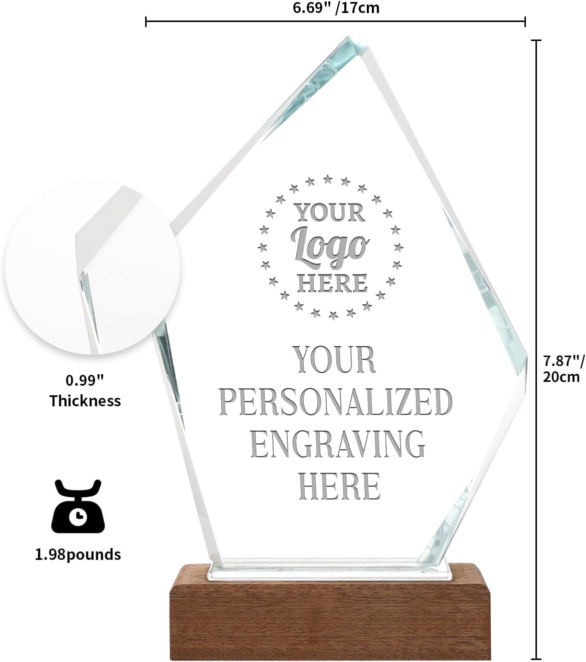 Personalized Crystal Trophy Award with Solid Wood Base - Custom Engraved Plaques for Employee Recognition, Sports Trophies, Thanks Gifts