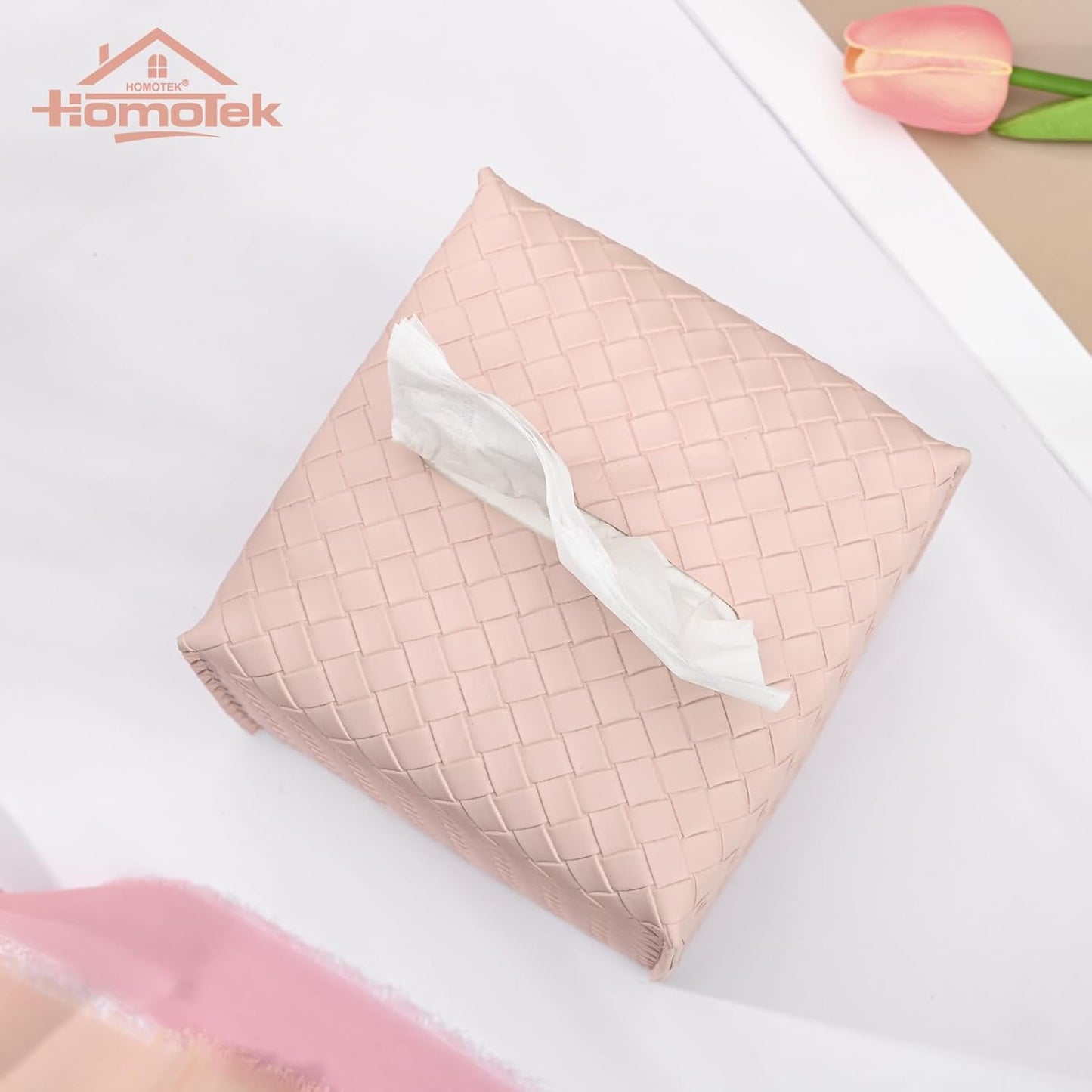 HOMOTEK 2 Pack Tissue Box Cover, Square PU Leather Tissue Holder, Decorative Facial Tissue Cube Paper Organizer Dispenser for Bathroom, Night Stands, Desk, Car 5X5X5'' - Woven Waffle,Macaron Pink