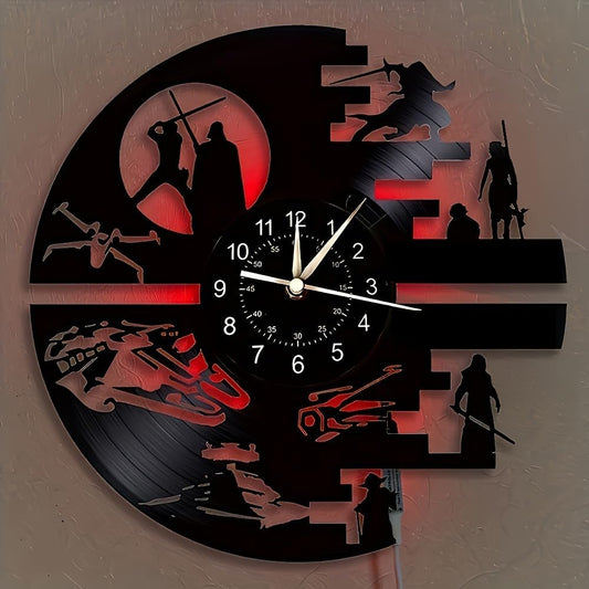Decorative Vinyl Wall Clock with 12 Inches，Star Science Fiction Film Themed Clocks, Vinyl Records Wall Clock, LED Light Wall Decor, Unique Birthday Gifts for Men,Kids