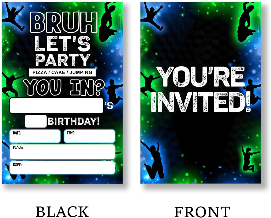 Jump Birthday Invitation Supplies with Envelopes Set of 20 Bruh Birthday Party Invitation Fill in Blank, Double Sided