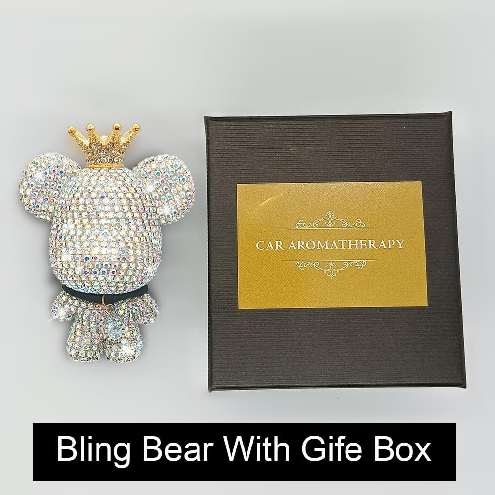Handmade Bling Rhinestone Bear Car Air Freshener Cute Ornaments Car Vent Clips Accessories Perfume Clip Aromatherapy Diffuser Fragrance Cotton Pad Car Interior Decoratio Women Girl (AB白)