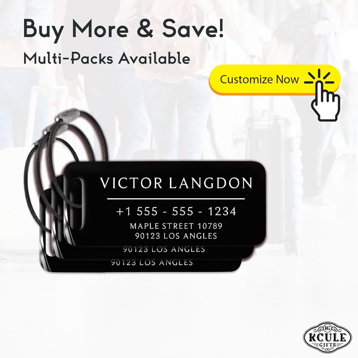 Personalized Luggage Tags for Suitcases - Stainless Steel Custom Luggage Tags for Backpacks & Bags, Sturdy, Waterproof & Heavy Duty (Black / 3" x 1.25")