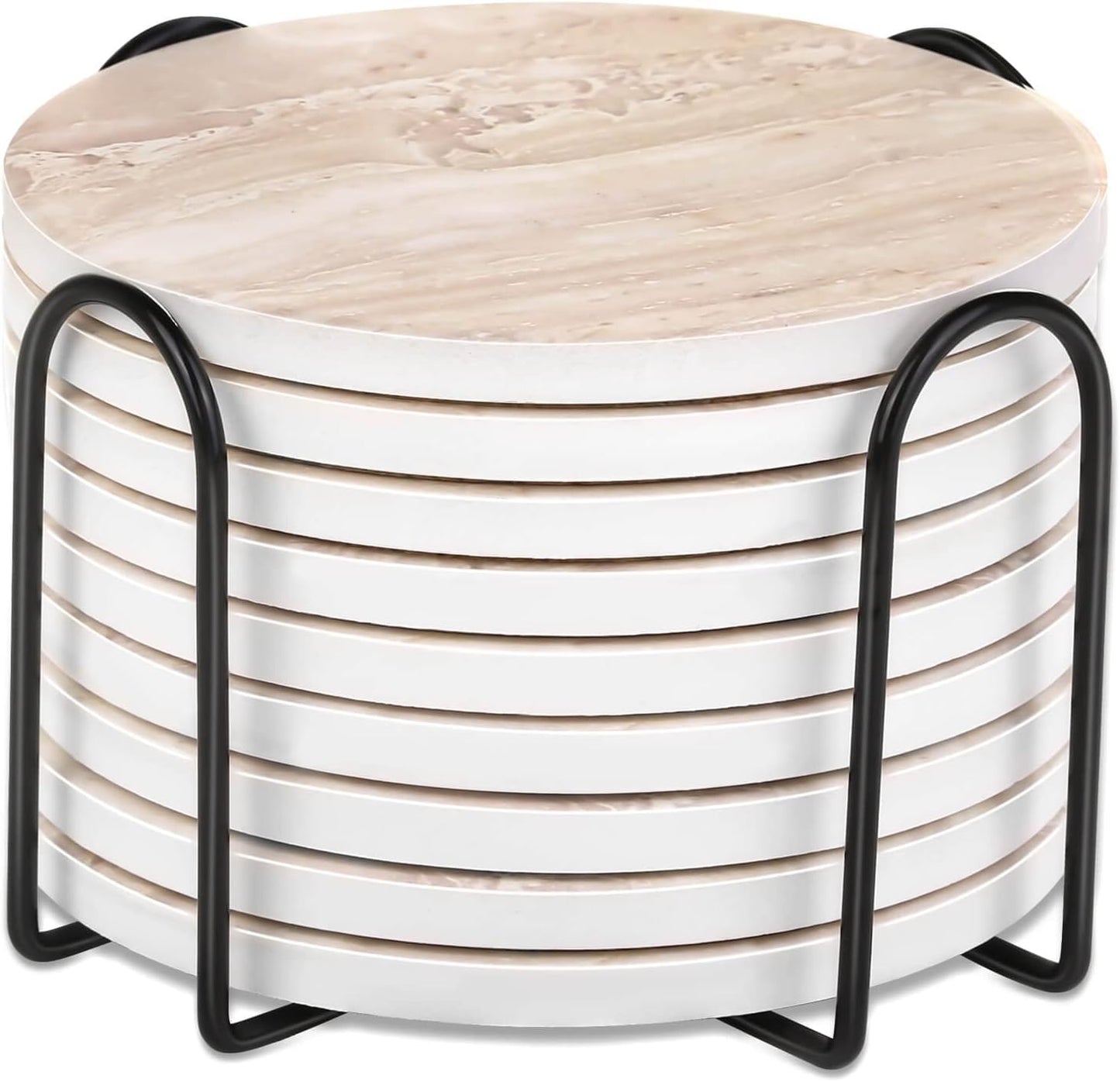 9 Pieces Ceramic Coasters for Coffee Table Absorbent, Billbotk Drink Coasters with Holder, Marble Style Coasters for Wooden Table, Home Decor, Suitable for Kinds of Cups, 4 Inches