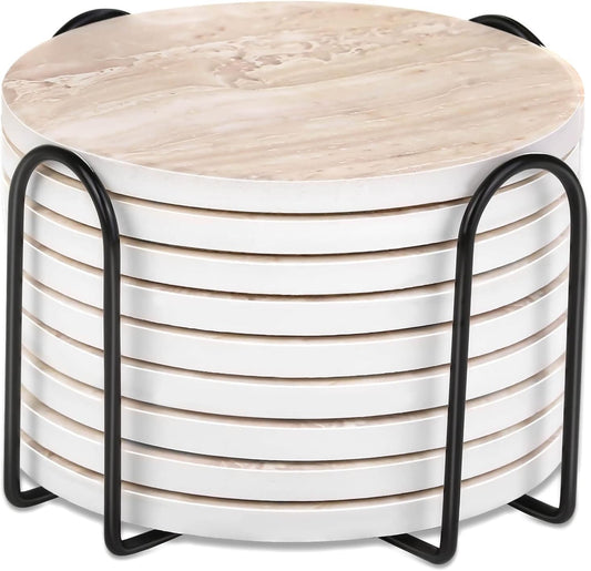 9 Pieces Ceramic Coasters for Coffee Table Absorbent, Billbotk Drink Coasters with Holder, Marble Style Coasters for Wooden Table, Home Decor, Suitable for Kinds of Cups, 4 Inches