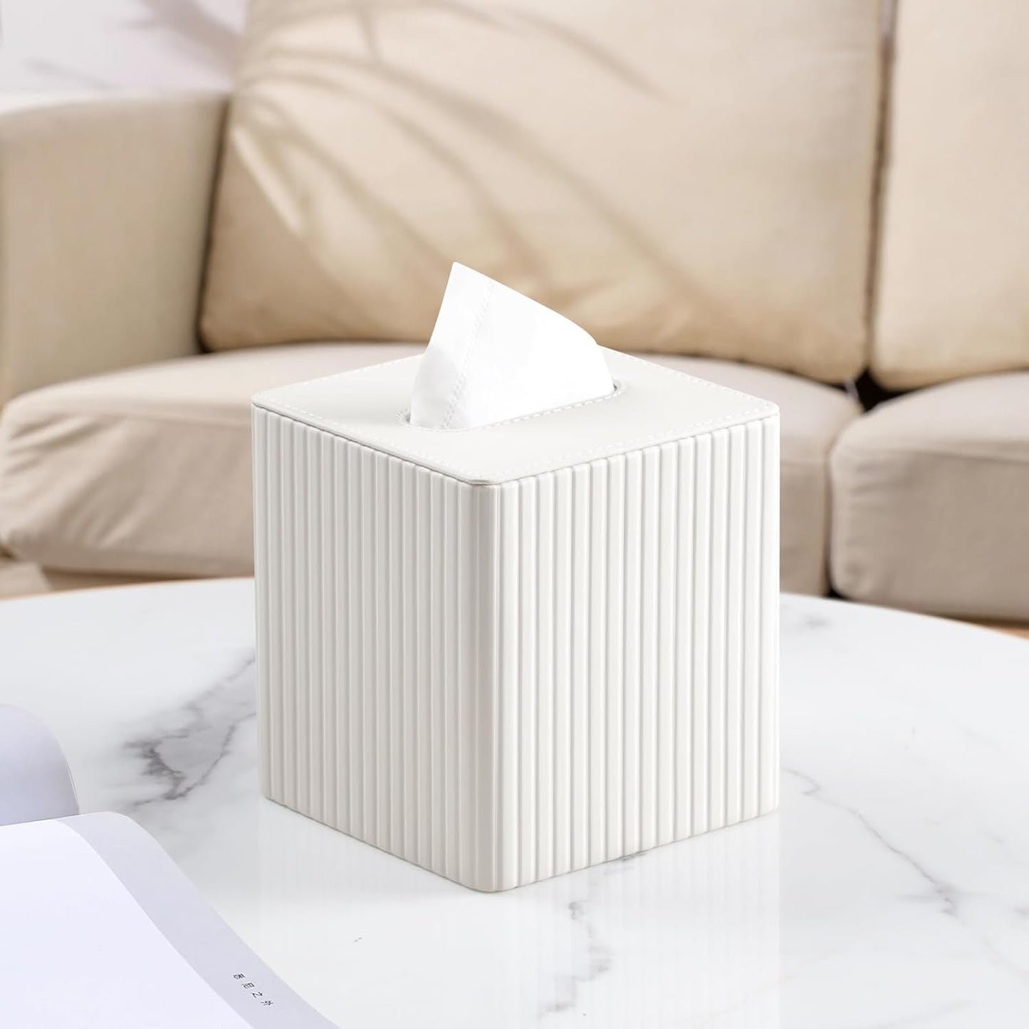PU Leather Tissue Box Cover Square Tissue Box Holder with Magnetic Closure (Ivory Stripe)