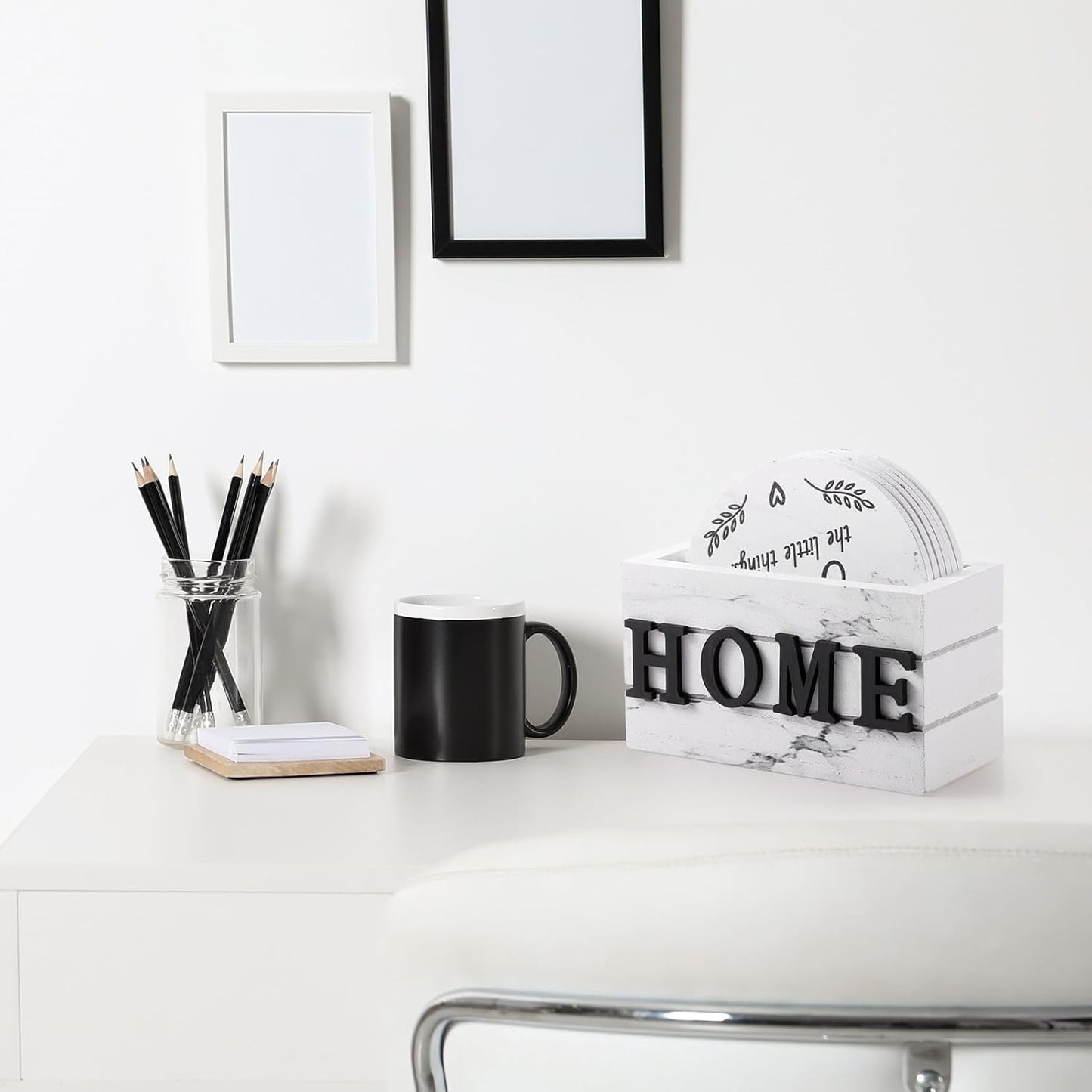 Queekay Housewarming Gifts for Home Decoration Wooden Heart Coasters for Drinks 6 Set Farmhouse Coasters with Holder Funny for Family Coffee Table Protection, 4''(White Marble)