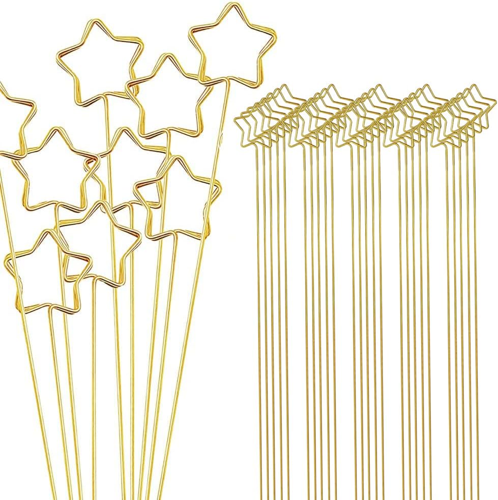 H&W 12''L Golden Ring Loop Star Shape Card Holders 40PCS Floral Picks Clips for Wedding & Flower Arrangements, DIY Craft Wire Clip Table Card Holders Note Photo Picture Memo Cake Topper (Star)