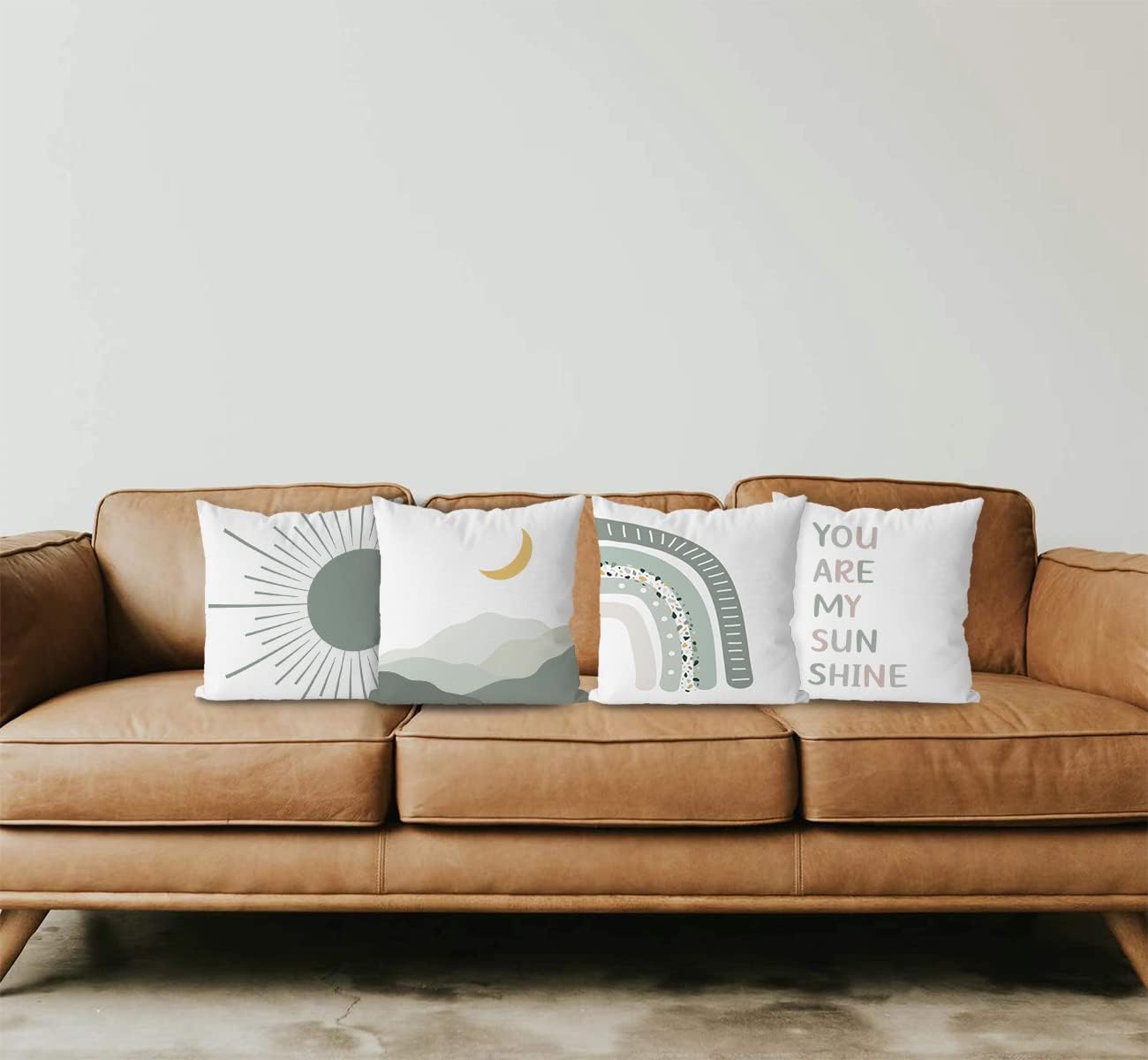 KEUSPI Nursery Abstract Boho Green Sun You are My Sunshine Moon Rainbow Throw Pillow Covers,Bohemian Throw Pillow Covers 18×18 Inch Set of 4,Bohemian Nursery Girls Room Decor,Boho Gifts for Baby Girls