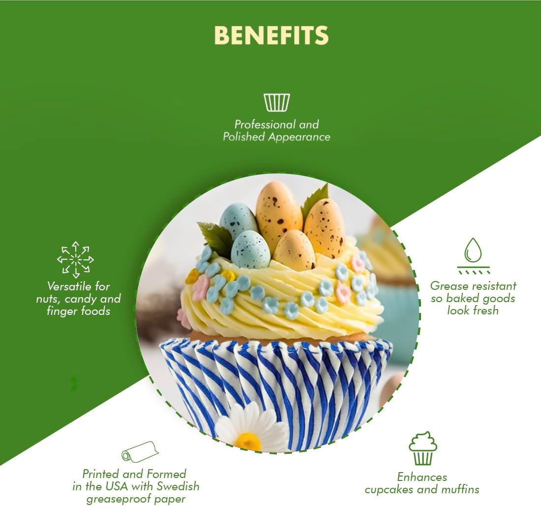 Regency Wraps Greaseproof Professional Grade Baking Cups, Pack of 40, Standard Liners, Blue Pisa Stripe, for Cupcakes, Muffins, Candy, Non Stick