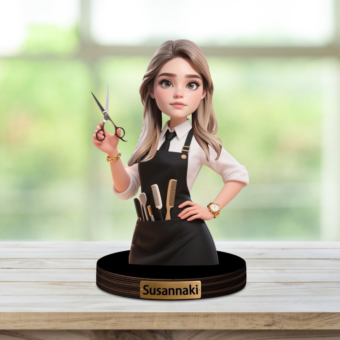 Personalized Women Barber Caricature Figurine Desk Decor Plaque Custom Barbershop Figurine Ornament Sign Hairdresser Cartoon Portrait Name Plaque Gifts for Christmas Birthday Anniversary,01