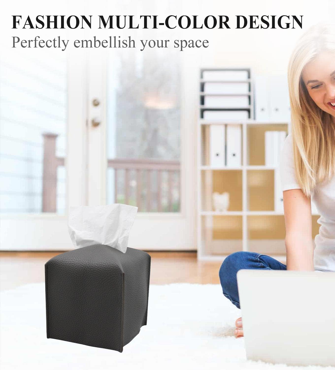 Livelab Tissue Box Cover, Square Decorative PU Leather Tissue Box Holder Modern Tissue Case Facial Paper Organizer Dispenser for Bathroom, Vanity Countertop, Night Stand, Desk, Car 5X5X5'' | Dark Gray