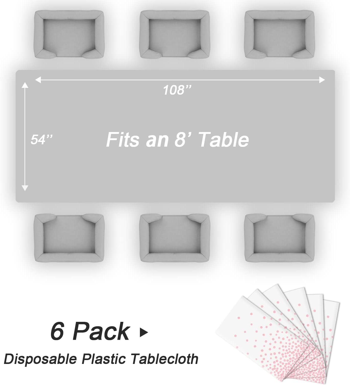 QIKSION 6 Pack White and Pink Dot Plastic Tablecloth, Waterproof Disposable Party Table Cloths for Baby Shower, Wedding, Anniversary, Birthday Party(54 × 108 Inch)