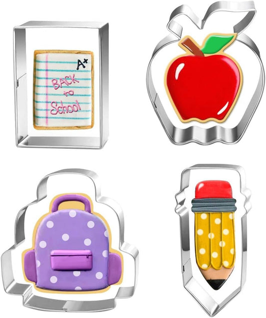 Back to School Cookie Cutter Set-4 Piece-Bag, Book, Apple, Pencil Fondant Biscui Cutters