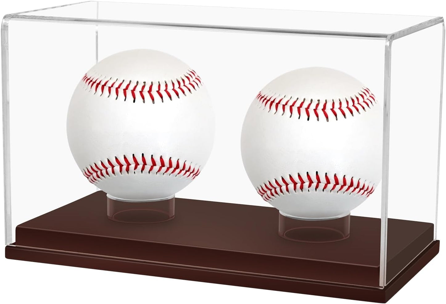 Baseball Display Case, UV Protected Clear Acrylic Cube Golf Ball Display Holder, Autograph Stand and Memorabilia Showcase Box for Two Ball, Brown Wooden Base
