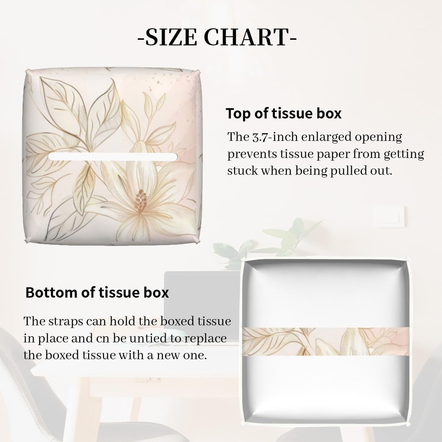 Tissue Box Cover,Pink Golden Boho Minimalist Flowers Pu Leather Square Tissue Box Cover Case Decorative Organizer for Bathroom Vanity Countertop Night Stands Office Desk & Car 5.2X5.2X5.2''