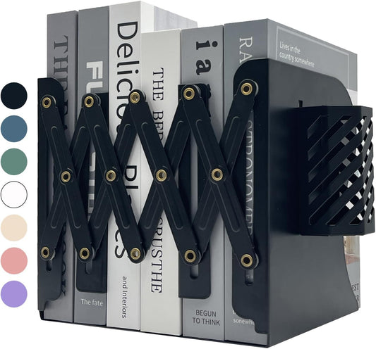 Kingsmile Book Ends, Adjustable Bookends for Shelves, Metal Bookends for Heavy Books, Book Stopper Organzier with Pen Holder for Desk, Kids Room, Office, Classroom, Library, Study Room.(Black)