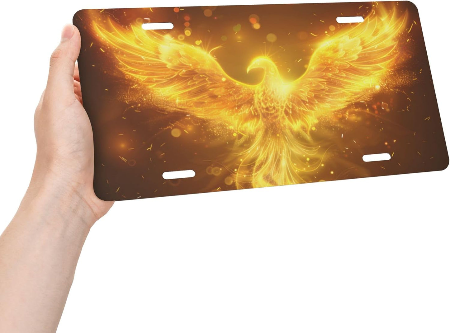 Golden Animal Bird Phoenix Front License Plate for Car Designs Stainless License Plate Cover Holder for Men Women Metal Aluminum Decorative Accessory Vanity Tag Standard 6 X 12 Inch (4 Holes)