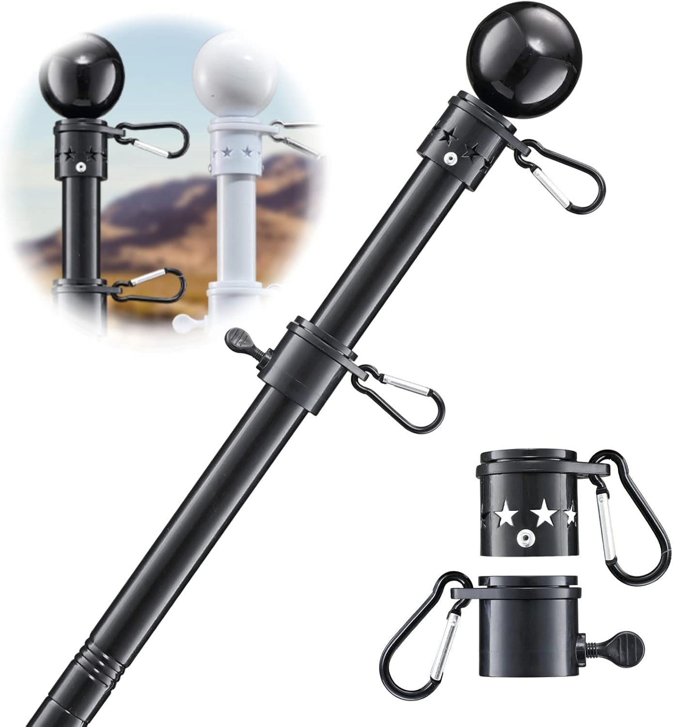 Flag Pole for Outside House - 6ft Heavy Duty Metal Flag Pole Kit, Tangle Free Spinning Flagpole Holder For Outdoor Porch Residential Decoration - Black