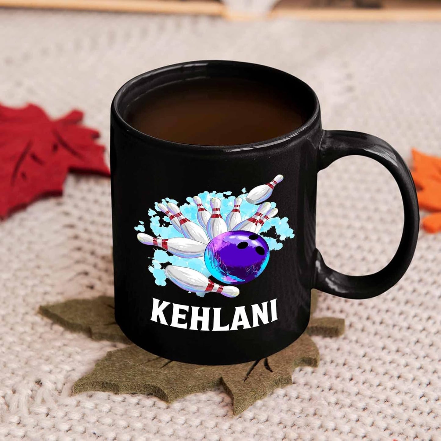 Personalized Bowling Black Ceramic Mug 11 Oz 15 Oz, Custom Bowling Ball Player Coffee Mugs With Choose Name, Strike Knock Down Pins Bowling Travel Mug, Bowling Sport Coffee Cup Gift For Bowling Lover