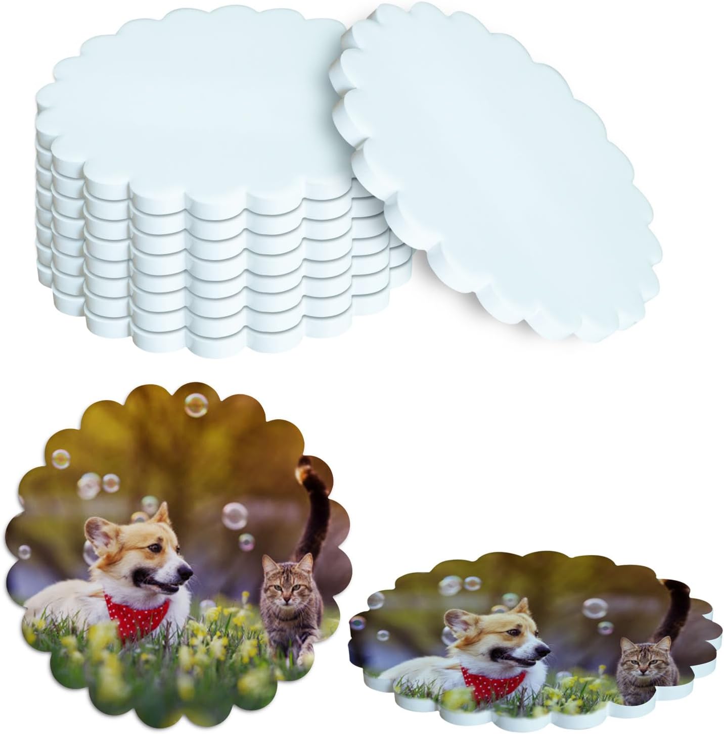 Sublimation Ceramic Coasters Blanks Bulk Round Flower Wavy Edges Drinks Coffee Cup Table Coaster, Absorbent Heat Transfer Ceramic Coaster Set for Home Decor with Cork Backing Pads (Wavy Edges 8 PCS)